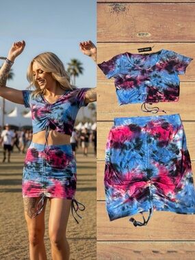 Current Mood Tie Dye Festival Crop Top Mini Skirt Set ✦ Ruched  Waist L NWT